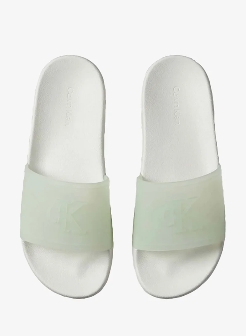 Calvin Klein Misty Blue Embossed Monogam Sliders for Women | Best Price UAE